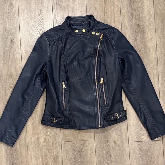 Ralph Lauren Navy Leather Moto Jacket with Gold Hardware - 8 - Picture 2 of 11